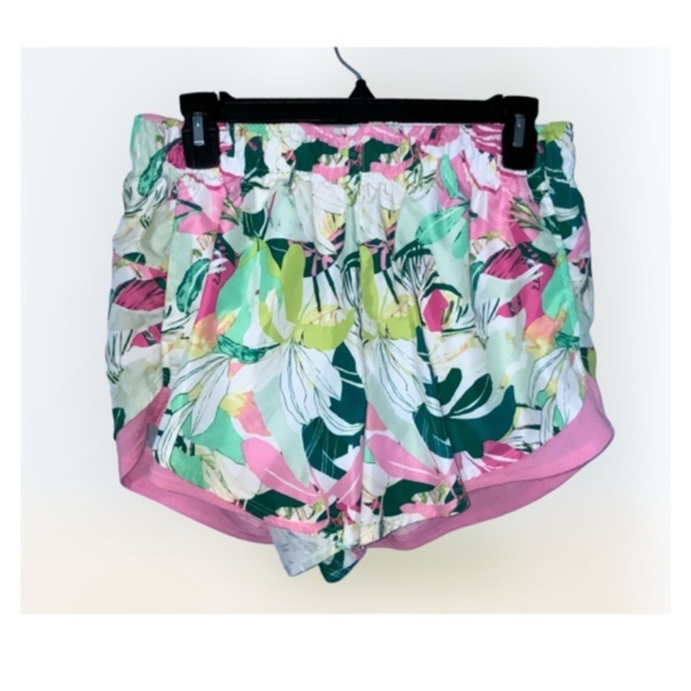 Athletic Pink & Green Tropical Lined Shorts Pockets Elastic Drawstring M